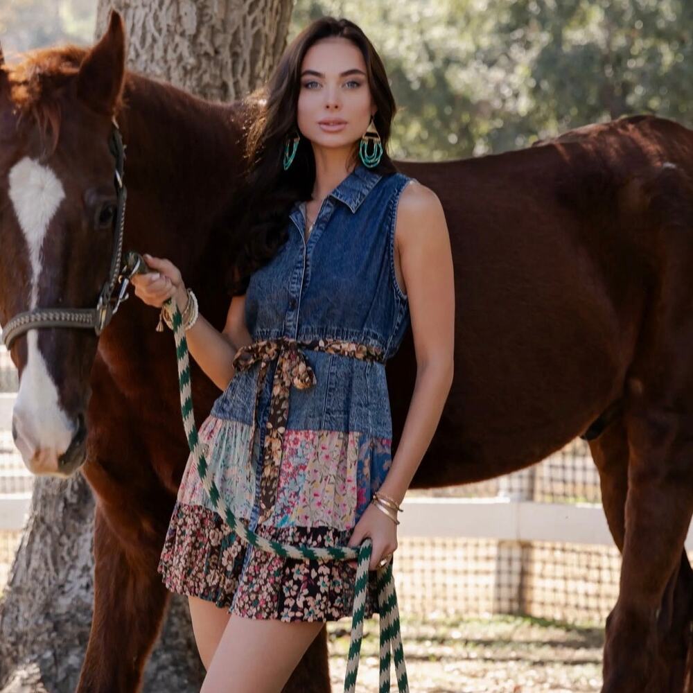 NWT Young Threads Denim Patchwork Shirt Dress Large Boho Western Tiered